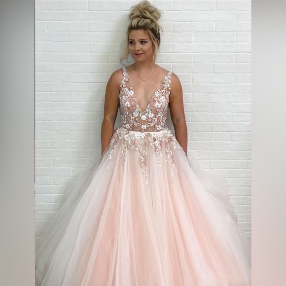Pink and White Floral Prom Dress